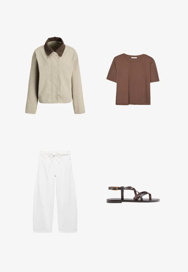 Beige jakke med en brun fløjlskrave, lynlås foran og lange ærmer. Glat tekstur med en afslappet pasform og minimal detaljering.; Brun kortærmet t-shirt lavet af blødt stof, med rund halsudskæring og afslappet pasform. Ingen synlige mønstre eller detaljer.; Hvide brede bukser lavet af letvægtsstof, med en snoreliv, to forlommer og enkle metaldetaljer.; Brune lædersandal med krydsende stropper, ankelspænde og en flad sål med minimale syninger.