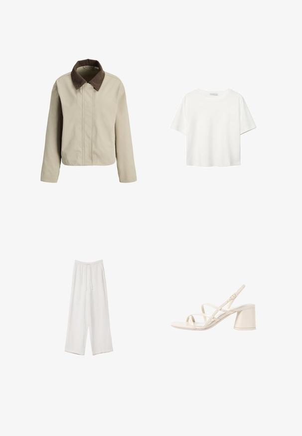 Bežová bunda s hnedým kordovým golierom, so zipsom vpredu a dlhými rukávmi. Hladká textura s uvoľneným strihom a minimálnym detailom.; Biela krátkopsová tričko vyrobené z bavlny. Má okrúhly výstrih a voľný strih. Hladká textúra bez viditeľných vzorov alebo akcentov.; Biele široké nohavice vyrobené z ľahkej tkaniny. Obsahujú elastický pás so sťahovacou šnúrkou a bočné vrecká. Hladká textúra.; Bežové sandále na ihlovom podpätku s okrúhlym otvoreným špičkou a stredným blokovým podpätkom. Obsahujú nastaviteľný remienok okolo členku a hladký, lesklý povrch.