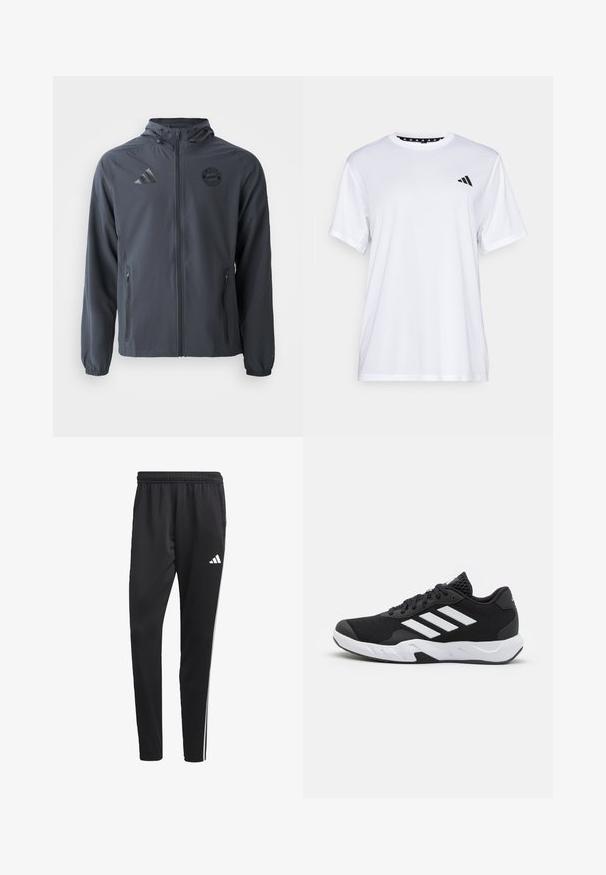 Tumši pelēks jaciņu ar rāvējslēdzēju un kapuci, izstrādāta no viegla auduma, ar elastīgiem manžetiem un sānu kabatām. Satur Adidas un Bavārijas Minhenes logo.; Balts sporta T-krekls ar īsām piedurknēm, izgatavots no mitrumu absorbējoša auduma. Tam ir melns logo kreisajā krūtī un rakstains iekšējais apkakles piegriezums.; Melnas sporta bikses ar stiepjas jostu, baltām sānu svītrām un mazu baltu logo uz augšstilba. Izgatavotas no gludas, vieglas materijas.; Melnas sporta kurpes ar teksturētu acu augšdaļu, baltām akcentu svītrām, mīkstu zoli un pastiprinātu papēdi atbalstam.