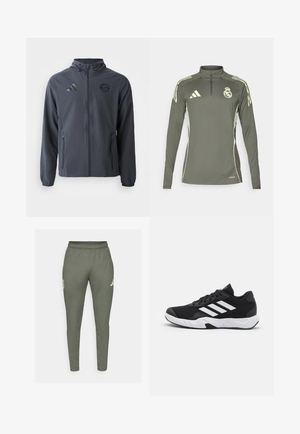 Mørkegrå zip-up jakke med hætte, designet med letvægtsstof, elastiske manchetter og sidelommer. Har Adidas og Bayern München logoer.; Mørkegrøn langærmet top med halv-zip krave, lysegrønne striber på skuldrene og broderet klublogo, lavet af letvægtsstof.; Olivengrønne træningsbukser med slim fit, elastisk talje og sidelommer. Har et logo på venstre lår og kontrasterende detaljer.; Sorte atletiksko med en tekstureret mesh-overdel, hvide accentstriber, en polstret sål og en forstærket hæl for støtte.