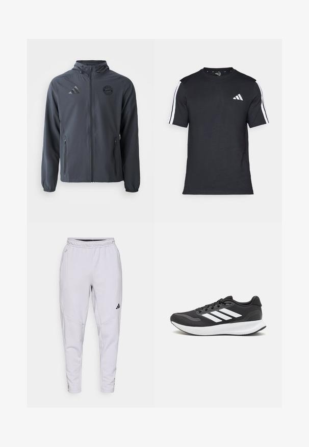 Casaco com fecho éclair cinza escuro, com capuz, feito de um tecido leve, com punhos elásticos e bolsos laterais. Apresenta os logos da Adidas e do Bayern de Munique.; T-shirt preto feito de algodão, com mangas curtas, apresentando riscas brancas nos ombros e um logótipo branco no lado esquerdo do peito.; Calças atléticas cinza-claro com faixa elástica na cintura, design afunilado, bolsos laterais e detalhes em preto. Feitas de um tecido macio e elástico.; Shoe de atletismo preto com parte superior em malha respirável, detalhes brancos e sola almofadada. Apresenta o logotipo das três riscas na lateral.