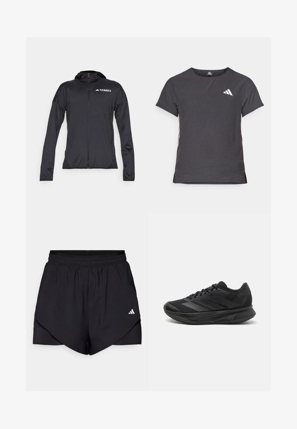 Black Terrex jacket with long sleeves, zip front, and a fitted design. Made of lightweight, smooth material; features a hood and logo detail.; Short-sleeve athletic t-shirt, dark gray with perforated texture. Features a white logo and contrasting side stripes. Rounded neckline.; Black athletic shorts with a layered design, made of lightweight fabric. Features an elastic waistband and a small white logo on the side.; Black running shoe with a breathable mesh upper, rounded toe, sleek design, textured accents, and a cushioned sole for comfort.