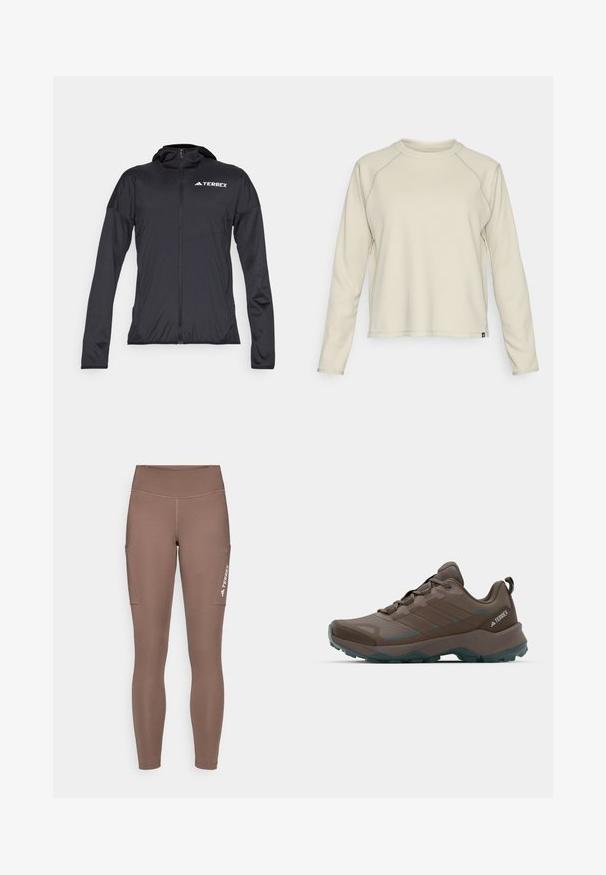 Must must terrex jakk, millel on pikad varrukad, kattega ees ja vormitud disain. Valmistatud kergest, siledast materjalist; sisaldab kapuutsi ja logo detaili.; Helehbeige pikkade varrukatega särk, millel on tekstuuriga ribakujundus. Omab raglan-varrukaid ja ümarat kaelust. Diskreetne brändi logo hemil.; Pruunid spord Leggingsid kõrge vöökohaga, külgtaskud ja valge logo. Sile ja veniv kangas mugavuse ja liikumisvabaduse tagamiseks.; Hallgrüüne ja teal värvi matkajalatsid, millel on võrkpaneelid, tekstureeritud pealis ja robustne kummipõhi. Omab pehmendatud keele ja paeladega kinnitust.