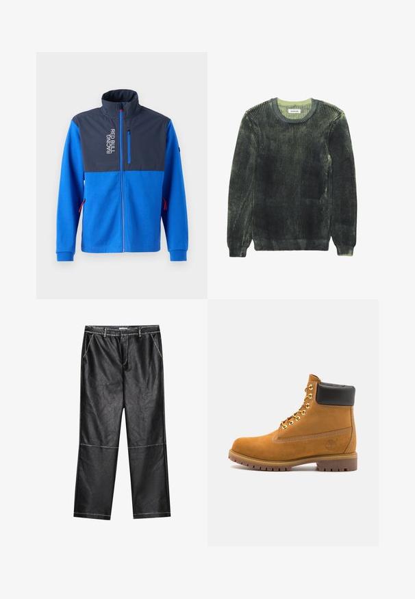 Modrá bunda s tmavomodrým horným panelom, obsahujúca zipsovú kapsu a text "RACING RED BULL". Má červené akcenty na zipsoch a manžetách.; Tmavozelený rebrovaný pletený sveter s mäkkou textúrou, okrúhlym výstrihom a dlhými rukávmi. Obsahuje svetlozelené akcenty na výstrihu a okrajoch.; Čierne syntetické kožené nohavice, široké nohavice, s prešívaním a prednými vreckami, s hladkou, mierne reflexnou textúrou.; Tyrkysové semišové členkové topánky s čiernym polstrovaným golierom, zlatými kovovými očkami, bielym prešívaním a robustnou gumovou podrážkou s výraznými drážkami.