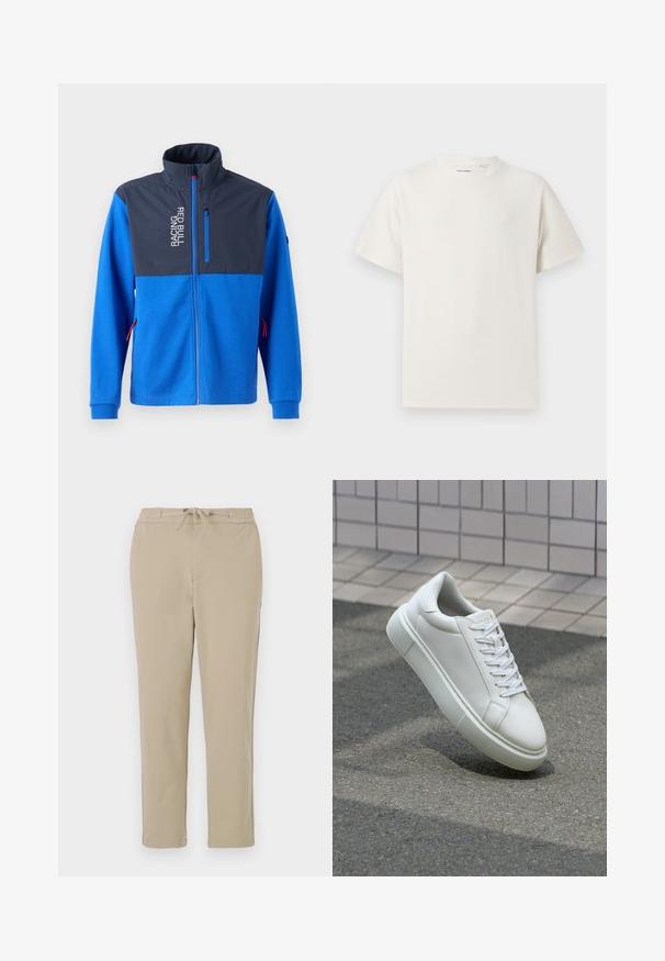 Zila jaka ar tumši zilu augšējo daļu, ar kabatu ar rāvējslēdzēju un tekstu "RACING RED BULL". Satur sarkanas akcentus uz rāvējslēdzējiem un piedurknēm.; Balta krūštura īsām piedurknēm ar ribota auduma faktūru. Apaļš kakla izgriezums, brīvs griezums, bez redzamām rakstām vai akcentiem. Vienkāršs un daudzpusīgs dizains.; Bēšas kleita bikses ar elastīgu jostu un auklu, ar taisna kāju dizainu un mīkstu, gludu tekstūru.; Baltas ādas sporta apavi ar gludu virsmu, apaļu pirkstu un plakanām baltām šņorēm. Iezīmējas ar strukturētu gumijas zoli un minimālisma dizaina elementiem.