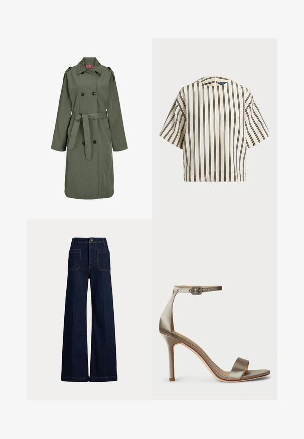 JJXX SOPHI - Trenčkot - dusty olive; Krátký rukáv, pruhované tričko ve krémové a námořnické barvě, s kulatým výstřihem a širokým střihem z texturovaného materiálu.; Široké tmavě modré džíny s vysokým pasem, designem se pěti kapsami a kontrastním šitím. Disponují zapínáním na knoflík a mají strukturovaný tvar.; Satinové sandály na vysokém podpatku ve stříbrné barvě s páskem přes kotník, ozdobené sponou. Otevřená špička a štíhlý, elegantní design.