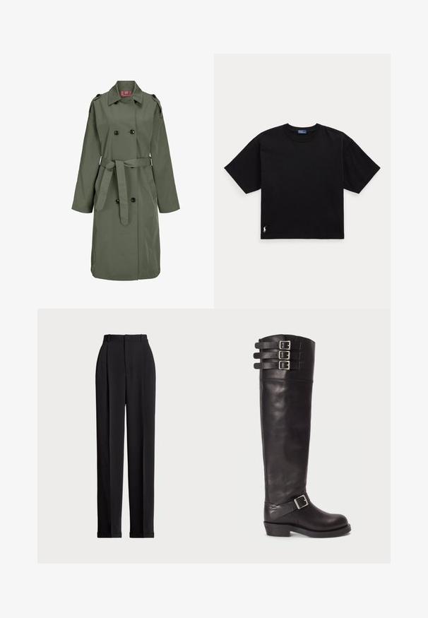 JJXX SOPHI - Trenčkot - dusty olive; Črna bombažna majica s kratkimi rokavi, okroglo ovratnikom in majhnim belim logotipom na spodnjem levem delu. Klasična, kvadratna oblika z minimalnimi detajli.; Črne krojene hlače z visokim pasom, z naborki spredaj, ravnim krojem in manšetami na koncu. Narejene iz gladkega materiala.; Črne usnjene čizme do kolen s zaobljenim prstom, tremi zaponkami na vrhu in stransko zaponko. Ravna podplat in gladka tekstura.