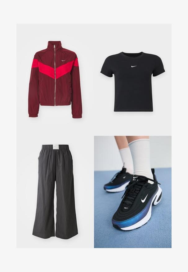 Bordowa kurtka zapinana na zamek z wysokim kołnierzem, z szerokim czerwonym paskiem na klatce piersiowej i ramionach, elastycznymi mankietami oraz małym logo.; Czarny krótki rękaw t-shirt wykonany z bawełny, z okrągłym dekoltem. Posiada białe logo Nike na piersi, minimalistyczny wzór oraz dopasowany krój.; Czarno-szare, paskowane spodnie typu wide-leg z elastycznym pasem i metką Nike z tyłu. Lekki materiał, luźny krój.; Czarne sneakersy Nike z gładką tkaniną wierzchnią, wyróżniające się gradientowym wzorem od niebieskiego do czarnego, białą podeszwą i wyraźnymi logo.