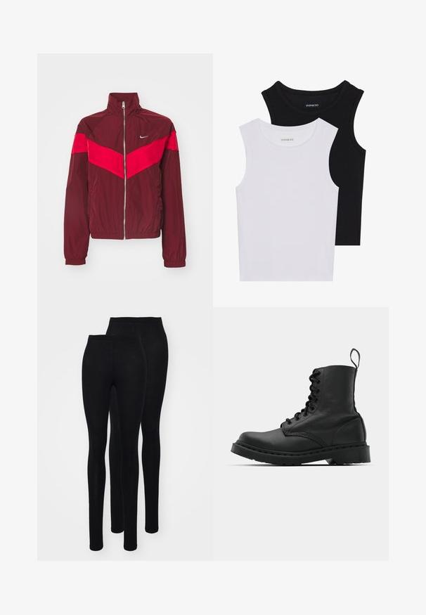 Bordo zip-up jakna z visokim ovratnikom, ki ima širok rdeč trak čez prsni del in ramena, elastične manšete in majhen logotip.; Dve brezrokavne majice v črni in beli barvi, izdelane iz rebrastega bombaža, z okroglimi izrezi in prilegajočim oblikovanjem. Oznake so vidne na obeh.; Črne legice iz gladkega, raztegljivega materiala z visokim pasom. Imajo pritrjeno silhueto in dolžino do gležnjem. Prikazani sta dve pari.; Črne usnjene vojaške škornje s okroglo konico, z vezalkami spredaj in z zanko na gležnju. Imajo debele gumijaste podplate za dolgo življenjsko dobo.