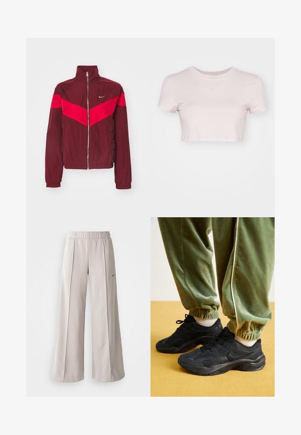 Bordo zip-up jakna s visokim ovratnikom, koja ima široku crvenu prugu preko prsa i ramena, elastične manžete i mali logo.; Skraćeni majica u svijetlo ružičastoj boji, izrađena od mekog materijala. Ima okrugli izrez i kratke rukave s malim bijelim Nike logotipom na prsima.; Svijetlosive hlače širokih nogavica od glatkog materijala. Imaju elastičnu traku u struku i crni Nike logo na lijevoj strani.; Crne atletske tenisice s mrežastim i sintetičkim preklopima, teksturiranom potplatom, uparene s zelenim trenirama s elastičnim manžetama, na žutoj površini.