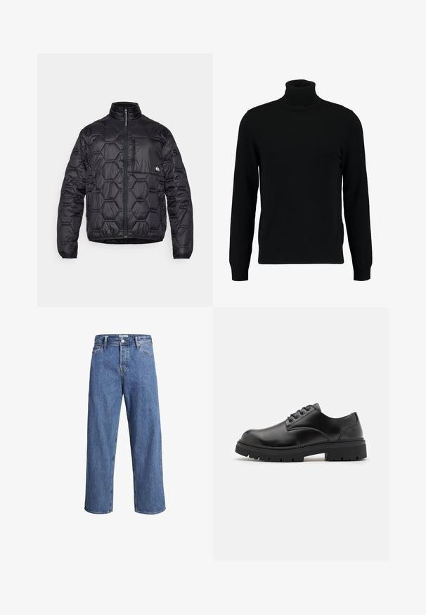 Doudoune noire avec un design matelassé hexagonal, col haut, fermeture éclair avant et poche poitrine avec zipper.; Un pull à col roulé noir en matière tricotée douce. Il possède des manches longues, un col et un ourlet côtelés. Son design est simple et épuré, sans motifs.; Jean en denim bleu clair avec une coupe droite, taille haute et des détails de couture minimes. Le tissu a une texture douce et légèrement délavée.; Chaussures en cuir noir avec un bout rond, un laçage et une semelle en caoutchouc épaisse et texturée. Présente des coutures le long du bord et une finition lisse.