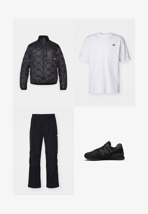Schwarze Steppjacke mit hexagonalem Steppmuster, hohem Kragen, durchgehendem Reißverschluss und einer Brusttasche mit Reißverschluss.; Weißes T-Shirt mit kurzen Ärmeln und Rundhalsausschnitt, mit kleinem schwarzen New Balance-Logo auf der linken Brust vor einem einfarbigen Hintergrund.; Schwarze Cargo-Hosen aus leichtem Material, mit einem Elastikbund, seitlichen Taschen und einem geraden Beinschnitt.; Schwarzer Sneaker mit einem Obermaterial aus Wildleder und Mesh, dicker Sohle und auffälligem 'N'-Logo an der Seite. Strukturiertes Design mit Schnürverschluss.