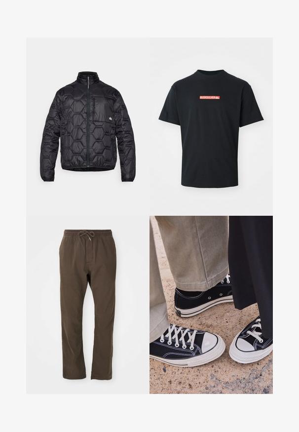 Sort pufferjakke med en hexagonal quiltet design, høj krave, lynlås foran og en brystlomme med lynlås.; Sort t-shirt med korte ærmer og et lille rødt og hvidt Quiksilver-logo centreret på brystet, vist imod en plain hvid baggrund.; Brune afslappede bukser med elastisk talje og snor, lige ben skæring, velegnet til daglig brug.; Sorte lærreds sneakers med hvide gummikapsler og snørebånd. Kontraststing og metaløjer tilføjer detaljer. Båret med beige bukser og sort stof.