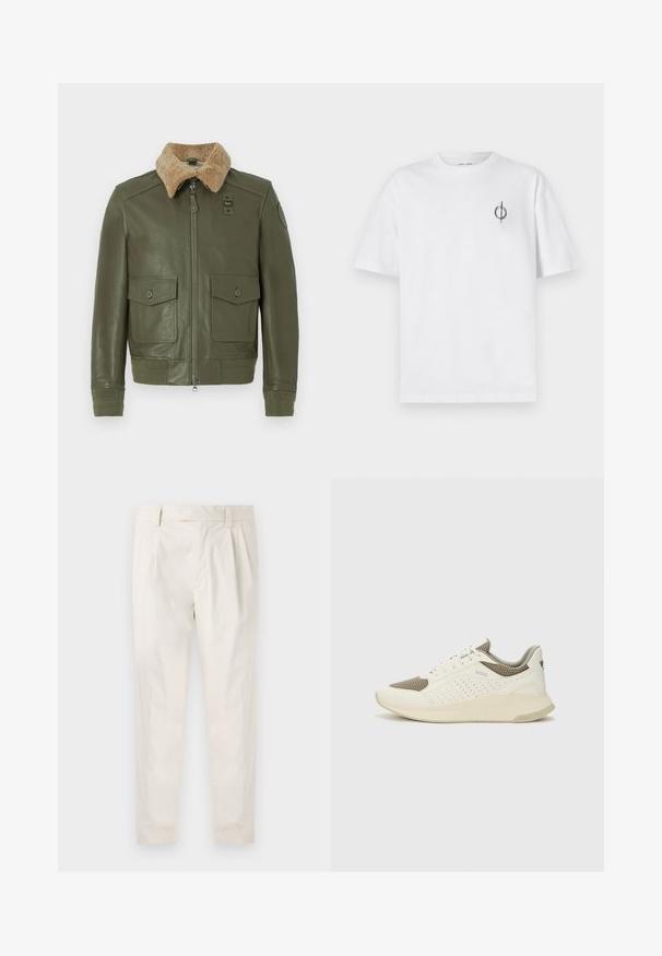 Olivroheline nahktagatse, millel on beež lõpetas krae, esine tõmblukk, kaks nuppu flappi taskut ning kootud mansetid ja vöökoht.; Valge puuvillane t-särk lõdva sobivusega, millel on vasakul rinnal väike must graafiline logo. Lühikesed varrukad, ümmargune kaelus.; Valged volditud püksid, mis on kohandatud sobivusega, sujuva tekstuuriga, vööloopidega ja kitsenevate jalgadega. Pole nähtavaid taskuid ega mustreid.; Valge ja heledat beeži värvi spordijalats, millel on õhuke võrkmaterjal, perforatsioonidega detailid ning tekstuuriga vahetald, millel on brändi logo kannaosas.