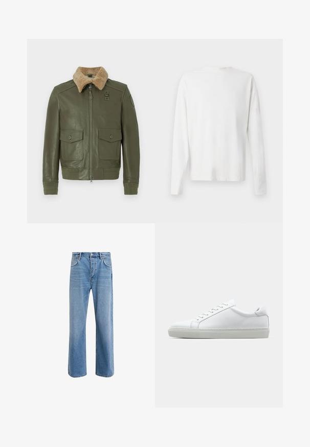 Olijfgroene leren jas met beige schapenvacht kraag, voorrits, twee knoop-flapzakken en gebreide manchetten en tailleband.; Witte katoenen blouse met lange mouwen en een ronde halslijn, met zijsplitten aan de onderkant en een gladde textuur, vanuit de achterkant weergegeven.; Lichtblauwe denim jeans met een straight-leg ontwerp, vijf zakken, knoopsluiting, minimale vervaging en contrasterende stikseldetails.; Witte sneaker met een gladlederen bovenwerk en een laag profiel. Voorzien van een ronde neus, zes vetergaatjes en een gestructureerde rubberen zool.