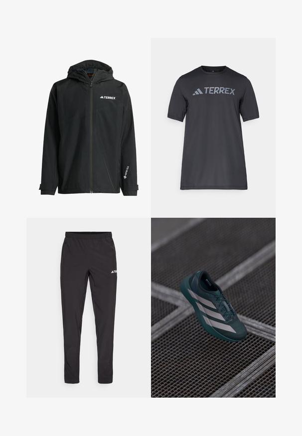 Veste imperméable noire avec capuche, fermeture éclair à l'avant et poignets ajustables. Dispose d'accents de logo et d'une étiquette GORE-TEX sur la manche.; T-shirt noir à manches courtes en tissu léger, arborant un logo « TERREX » gris clair sur la poitrine et un col rond.; Pantalons de sport noirs avec taille élastique, deux poches zippées sur les côtés et un logo sur la cuisse droite. Tissu lisse et léger.; Chaussure de sport bleu foncé avec une tige texturée, arborant trois rayures blanches, un bout arrondi et une semelle rembourrée.