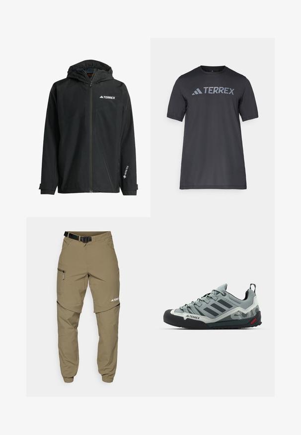 Veste imperméable noire avec capuche, fermeture éclair à l'avant et poignets ajustables. Dispose d'accents de logo et d'une étiquette GORE-TEX sur la manche.; T-shirt noir à manches courtes en tissu léger, arborant un logo « TERREX » gris clair sur la poitrine et un col rond.; Pantalons d'extérieur kaki avec une ceinture noire ajustable, des poches zippées, des poignets fuselés et des jambes inférieures détachables pour un style polyvalent.; Chaussures d'escalade grises avec un dessus texturé, un capuchon en caoutchouc noir pour les orteils, trois rayures foncées et une petite touche rouge sur la semelle.
