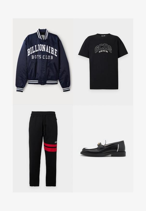 Jūrų pajėgų bombonešio striukė su balta "BILLIONAIRE BOYS CLUB" užrašu, dryžuotais raukiniais ant rankovių, spaudžiamais mygtukais ir šoninėmis kišenėmis. Satino apdaila.; Juodas medvilnės marškinėliai su trumpomis rankovėmis. Puošia baltas GCDS logotipas ir užrašas "MILANO ITALY 1988" arkos forma. Standartinio kirpimo ir apvaliu kaklu.; Juodi sportiniai džinsai su kontrastingomis raudonomis juostelėmis ir logotipu šone. Yra elastinga juosmens juosta su raišteliu ir siaurėjančiais kulkšnų kraštais.; Juodas odinis loaferis su apvaliu pirštu, baltomis detalėmis ir auksinėmis detalėmis ant priekinės dalies. Turi tekstūruotą detalę ir sluoksniuotą kulną.