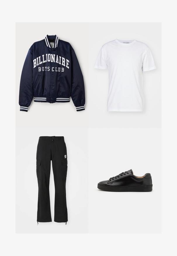 Mornarska bomberska jakna z belim napisom "BILLIONAIRE BOYS CLUB", črtastimi rebrastimi manšetami, sponkami in stranskimi žepi. Satenska površina.; Bela bombažna majica s krojem okroglih izrezov, kratkimi rokavi in ravnim krojem. Brez vzorcev ali okrasnih elementov, gladka tekstura in enostaven dizajn.; Črne cargo hlače ravne kroja z gumbom, stranskimi žepi s pokrovom in majhnim belim logotipom na desni stegn.; Črne usnjene superge z gladko končano površino, okroglo špico in črnimi vezalkami. Imajo minimalno blagovno znamko na peti in gumo podplat.