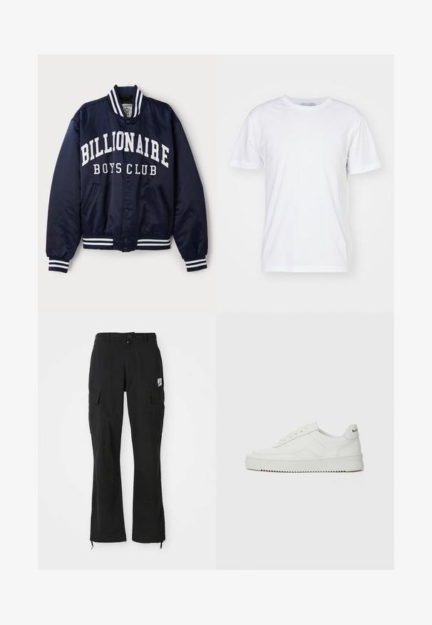 Navy bomber jacket with white "BILLIONAIRE BOYS CLUB" text, striped ribbed cuffs, snap buttons, and side pockets. Satin finish.; White cotton t-shirt with a crew neckline, short sleeves, and a straight cut. No patterns or embellishments, smooth texture, and plain design.; Black straight-leg cargo pants with button closure, side flap pockets, and small white logo on right thigh.; White leather sneaker with a smooth finish, round toe, flat laces, and a textured sole. Features a subtle logo on the heel.
