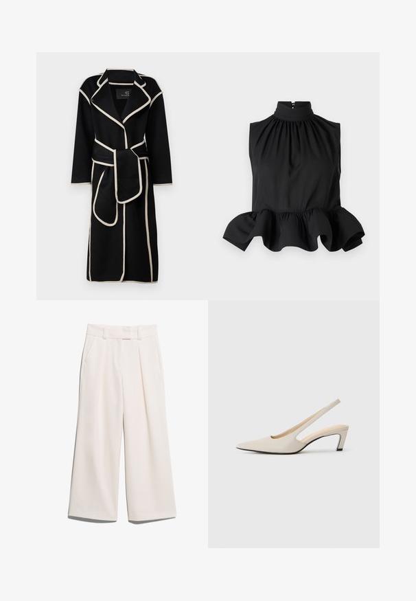 Černý kabát s klopovým límcem a dlouhými rukávy, zdobený smetanovými lemy podél okrajů a odpovídajícím páskem uvázaným v pase.; Černý top bez rukávů s vysokým výstřihem, nařasenou látkou a rozšířeným volánovým lemem. Hladký texture s skrytým zipem na zadní straně.; Kalhoty s širokými nohavicemi v jemné krémové barvě, vyrobené z hladké látky, se dvěma vpředu umístěnými kapsami a viditelným švem na pasu.; Béžová kůže s nazouvacím designem a špičatou špičkou, s výřezovým vzorem, blokovým podpatkem o výšce 5 cm a hladkým povrchem. Černé podešve jako akcent.