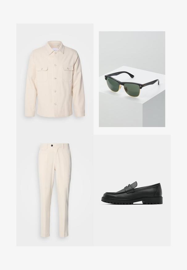 Lysebeige button-up skjorte fremstillet af struktureret stof; har to brystlommer, en spids krave og lange ærmer med knapsluttede manchetter.; Sort sweater med lynlås krave, lange ærmer, ribstrikkede manchetter og kant, lavet af et blødt, glat stof.; Beige skræddersyede bukser med flad front, enkelt knaplukning og to skrå sidelommer. Glat stof med en slim fit og tætsiddende ben.; Sorte læder loafers med rund tå, der har et syet design, lav platformssål og en struktureret, skridsikker gummisål.; Ray-Ban solbriller med grønne linser, sorte plastikstel og gyldne detaljer ved kanterne. Firkantet form med mat finish.