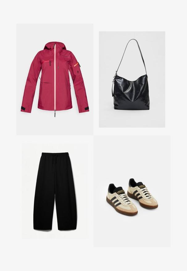 Wasserdichte rote Jacke mit Kapuze, ausgestattet mit einem pinken Reißverschluss, Reißverschlusstaschen an Brust und Arm, Klettverschlüssen an den Ärmelbündchen und einem Logodetail am Ärmel.; Helle beige, kurz geschnittene Sweater, aus weichem Strickstoff, mit weitem Ausschnitt, überschnittenen Schultern sowie gerippten Bündchen und Saum.; Schwarze weit geschnittene Hosen mit elastischem Bund und Kordelzug. Weicher Stoff mit glatter Textur. Gerader Schnitt mit Seitennähten.; Beige Wildleder-Sportschuhe mit schwarzen Lederakzenten, weißen Schnürsenkeln und brauner Gummisohle. Drei schwarze Streifen auf jeder Seite.; Schwarze Leder-Schultertasche mit einer weichen, strukturierten Oberfläche. Sie hat ein geschwungenes Design und einen einzelnen verstellbaren Tragegurt. Kein zusätzliches Zubehör.