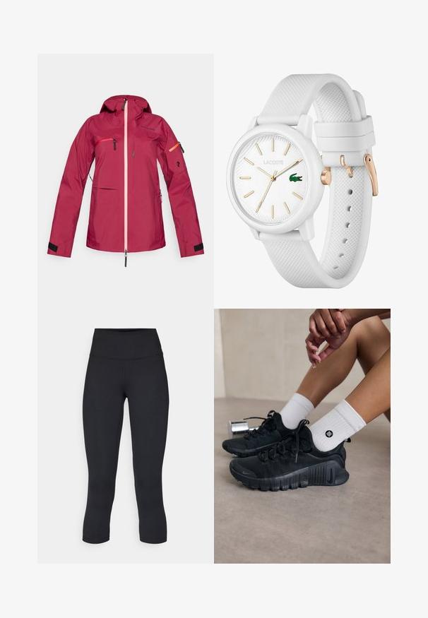 Veste rouge imperméable avec capuche, dotée d'une fermeture éclair rose, de poches zippées sur la poitrine et les bras, de poignets à velcro et d'un détail de logo sur la manche.; Crop top sportif noir avec fermeture éclair à l'avant, accents en mesh et design ajusté. Fabriqué en tissu extensible et respirant. Logo Nike à l'avant.; Leggings noirs coupés en tissu extensible, avec une taille haute et une texture lisse, sans motifs ni éléments visibles.; Chaussures de sport noires en tissu texturé, avec un design à lacets et une semelle proéminente, accompagnées de chaussettes blanches à côtes arborant un petit logo.; Montre en silicone blanc avec un bracelet texturé, dotée d'un cadran rond, de marqueurs dorés et d'un logo Lacoste en vert.