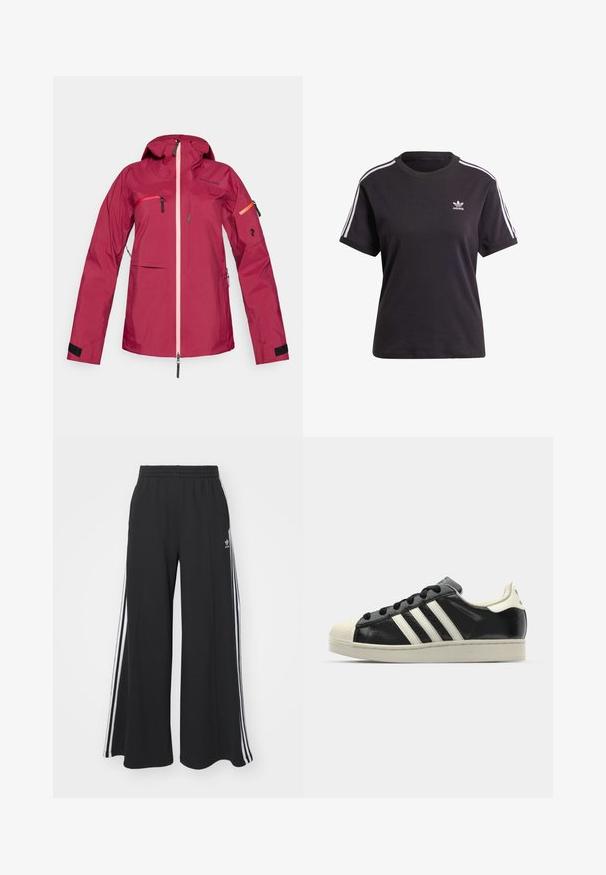 Chaqueta roja impermeable con capucha, cuenta con una cremallera rosa, bolsillos con cremallera en el pecho y los brazos, puños con velcro y detalle de logo en la manga.; Camiseta de algodón negra de manga corta con cuello redondo, que presenta rayas blancas en los hombros y un pequeño logo blanco de Adidas en el pecho.; Pantalones de chándal negros de pierna ancha con una cinturilla elástica, que presentan franjas blancas a los lados y un logo bordado en el muslo izquierdo.; Zapatilla de cuero negro con rayas blancas, puntera de goma, cordones negros y suela color crema. Textura suave con acabado brillante.