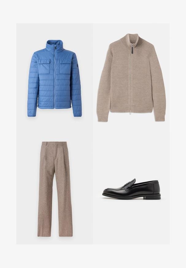 Blue puffer jacket with a stand collar, horizontal quilted design, two chest pockets, and zipper closure. Smooth texture, lightweight material.; Beige knitted zip-up sweater with ribbed texture, high collar, and long sleeves. Features a metallic zipper and no additional patterns.; White long-sleeve button-up shirt made of cotton, featuring a chest pocket with tonal embroidery, a collar, and button cuffs.; Brown, high-waisted trousers made of textured fabric. Features wide legs and two front pleats for structure. Neat finish with no visible hardware.; Black leather loafers with a smooth texture, rounded toe, and a decorative strap across the vamp. Low stacked heel, minimalist design.