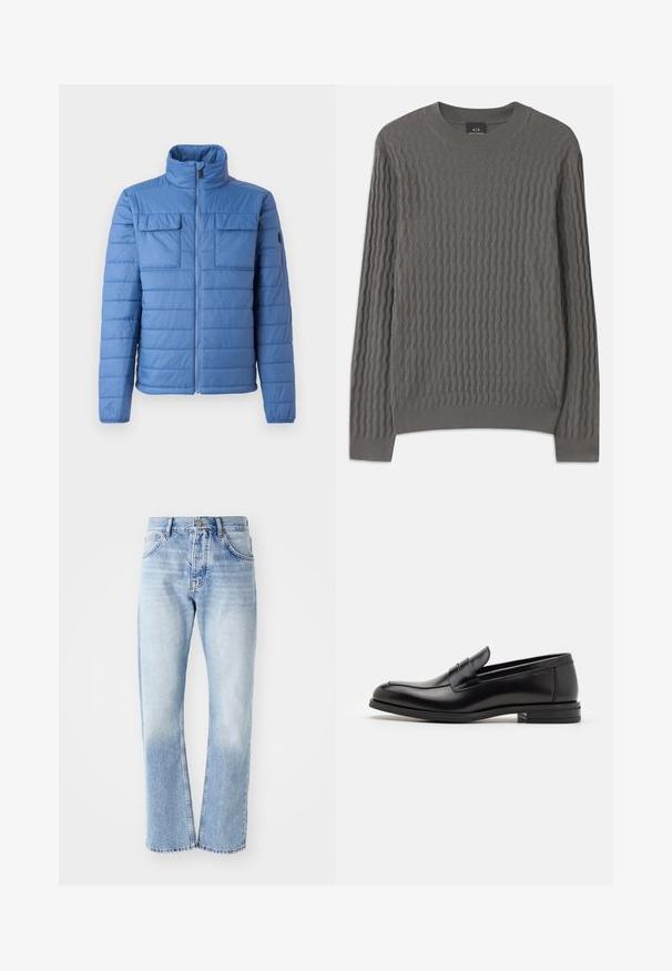 Jachetă puf albastră cu guler în picioare, design cu cusături orizontale, două buzunare pe piept și închidere cu fermoar. Textură netedă, material ușor.; Armani Exchange Pulover - dark gull zig zag; Jeans din denim de culoare bleu deschis, cu croială dreaptă. Prezintă un design cu cinci buzunare, fermoar cu nasturi și o textură estompată spre partea de jos.; Mocasini din piele neagră cu o textură netedă, vârf rotund și o curea decorativă peste partea superioară. Toc mic, design minimalist.