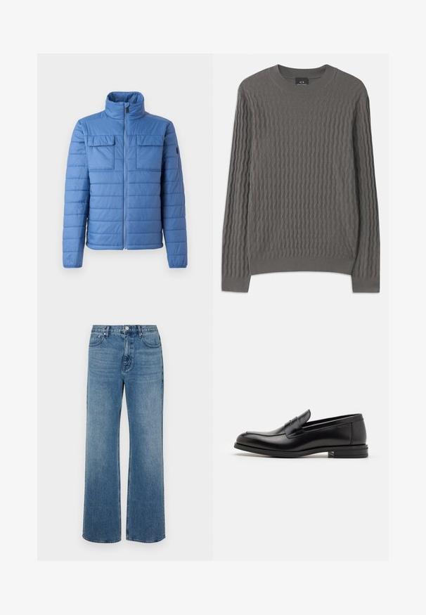 Blauwe pufferjas met een staande kraag, horizontale quiltontwerpen, twee borstzakken en ritssluiting. Gladde textuur, lichtgewicht materiaal.; Armani Exchange Trui - dark gull zig zag; Brede blauwe jeans van denim met een verouderde afwerking. Heeft vijf zakken, een sluiting met vooraan knoop en een rechte snit.; Zwarte leren instappers met een gladde textuur, ronde neus en een decoratieve band over de wreef. Lage, gestapelde hak en minimalistisch ontwerp.