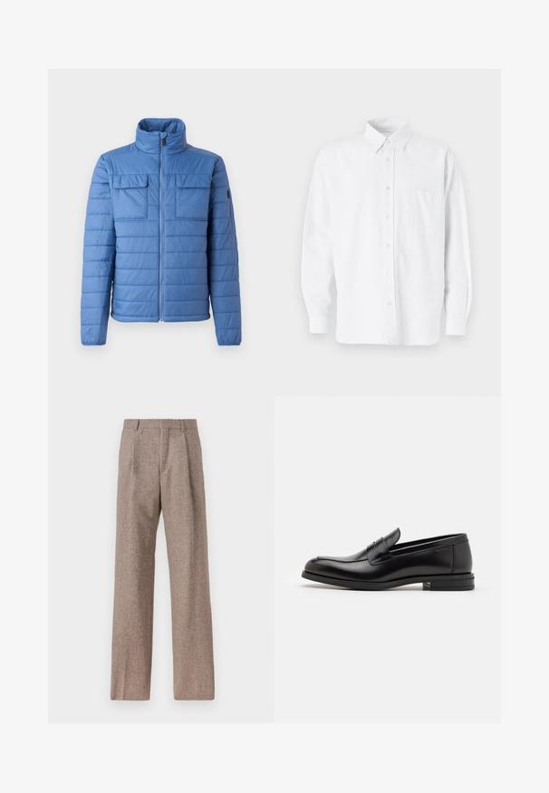 Blå pufferjakke med ståkrave, vandret quiltet design, to brystlommer og lynlåslukning. Glat tekstur, letvægtsmateriale.; Hvid skjorte med knapper og krave, prydet med diskrete lodrette striber, lange ærmer, en brystlomme og klassisk rundet kant.; Brune, højtaljede bukser lavet af tekstureret stof. Har brede ben og to frontfoldninger for struktur. Pæn finish uden synlig hardware.; Sorte læderloafers med en glat overflade, rund tå og en dekorativ strop over vampen. Lav hæl med stabeldesign, minimalistisk stil.