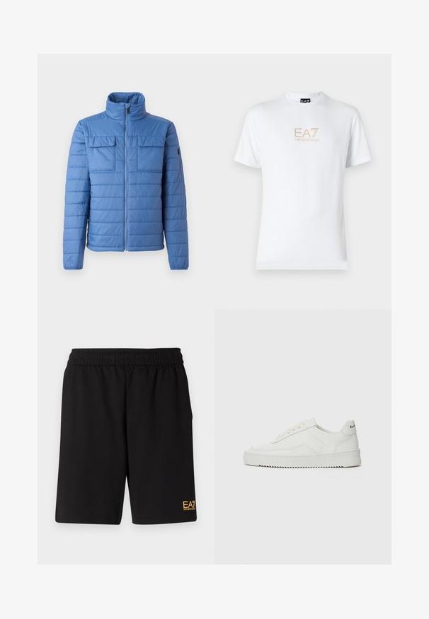 Blauwe pufferjas met een staande kraag, horizontale quiltontwerpen, twee borstzakken en ritssluiting. Gladde textuur, lichtgewicht materiaal.; Witte katoenen t-shirt met een ronde halslijn en korte mouwen, voorzien van een gouden EA7 Emporio Armani-logo op de voorkant.; Zwarte sportshorts van zacht materiaal, met een elastische tailleband en een klein geel EA7-logo op de onderste linkeronderbroek.; Witte leren sneaker met een gladde afwerking, ronde neus, platte veters en een gestructureerde zool. Kenmerkt zich door een subtiel logo op de hiel.