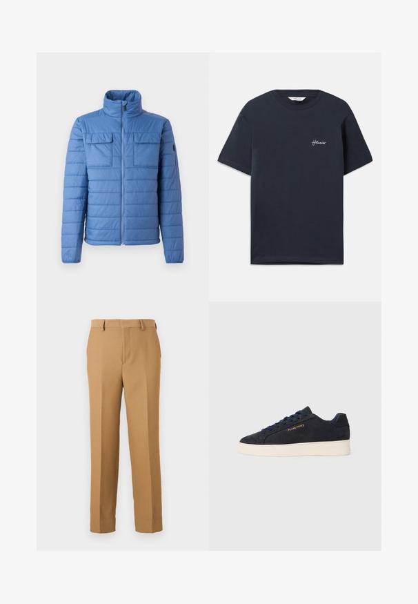 Blauwe pufferjas met een staande kraag, horizontale quiltontwerpen, twee borstzakken en ritssluiting. Gladde textuur, lichtgewicht materiaal.; Marineblauwe katoenen t-shirt met korte mouwen. Heeft een wit geborduurd merklogo op de linkerkant van de borst. Klassieke ronde hals.; Beige broek gemaakt van geweven stof, met een rechte snit, platte voorkant en riemlussen. Soepele textuur zonder zichtbare patronen.; Navyblauwe suède lage sneakers met een witte zool, navy veters en het 'Filling Pieces' logo in goud op de zijkant.