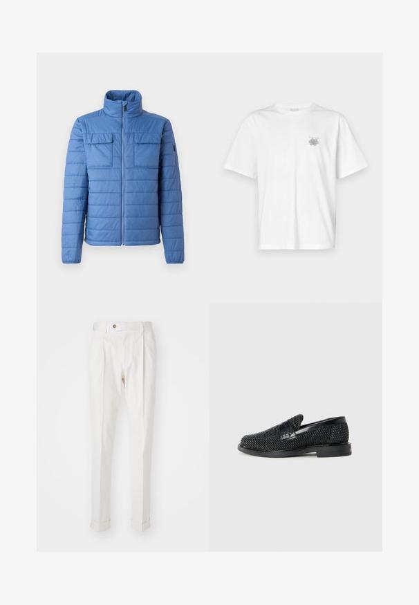 Blauwe pufferjas met een staande kraag, horizontale quiltontwerpen, twee borstzakken en ritssluiting. Gladde textuur, lichtgewicht materiaal.; Witte t-shirt van katoen met korte mouwen, een ronde hals, en een klein grijs logo op de linker borstzijde. Soepele textuur.; Witte, op maat gemaakte broeken met een platte voorkant, twee plooien en omgeslagen pijpen. Gemaakt van een gladde stof met een knoopsluiting in de taille.; Zwartegeweven instap schoenen met een glad leren accent aan de bovenkant, een ronde neusontwerp en een laag profiel rubberen zool.