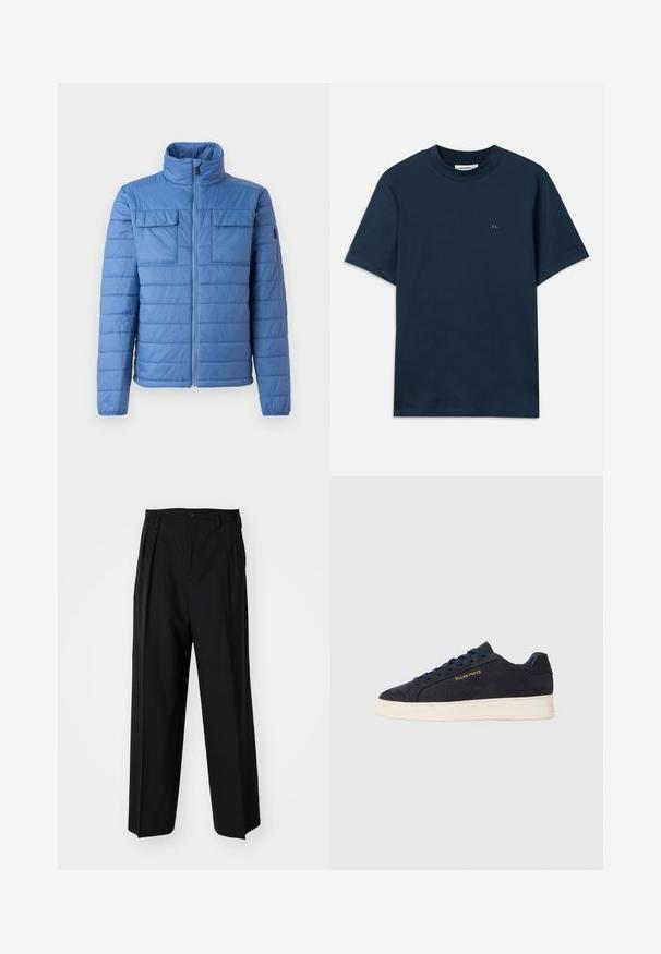 Zils pūkains jakas ar stāvo apkakli, horizontālu kvadrātu rakstu, divām krūtīm kabatām un rāvējslēdzēja aizdari. Gluda tekstūra, viegls materiāls.; Jūras zilas kokvilnas T-krekls ar apaļu kakla izgriezumu, īsām piedurknēm un smalku logotipu uz krūtīm. Gluda tekstūra un klasiskā piegriezne.; Melnas plisētās bikses ar taisnu, plata kāja dizainu. Izgatavotas no gludas auduma, ar pogu aizdari un jostas cilpiņām.; Navy zila zamšas zema augstuma kedas ar baltu zoli, navy krāsas auklām un "Filling Pieces" logo zeltā sānos.