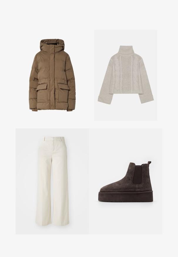 Brun vadderad jacka med huva, har en quiltad design, två framfickor och elastiska muddar. Tillverkad av isolerande tyg med slät textur.; Beskurad, ljusgrå stickad tröja med hög krage och ribbade manschetter, med strukturerade kablar som går längs bakstycket och sidorna.; Vidbenade byxor i en ljus beige färg, gjorda av ett slätt tyg. Har en klassisk midja och flat front med rena linjer.; Bruna mockaskinn Chelsea-stövlar med elastiska sidopaneler och en tjock, texturerad platåsål. Har en dragflik vid hälen för enkel påtagning.