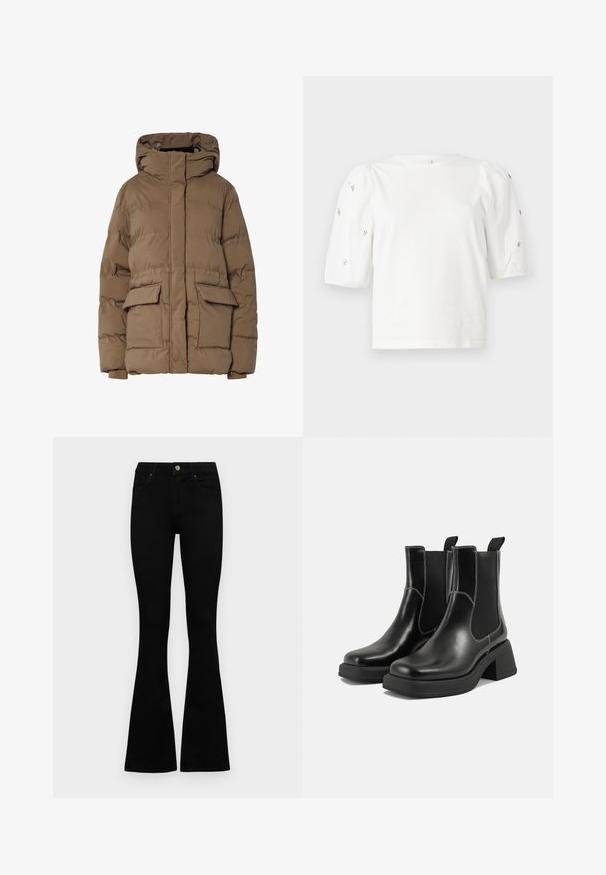 Brown puffer jacket with a hood, featuring a quilted design, two front pockets, and elastic cuffs. Made of insulated fabric, smooth texture.; White cotton t-shirt with short puff sleeves, featuring small silver embellishments along the sleeves. Classic round neckline, relaxed fit.; Black high-waist jeans with a button and zip closure, front pockets, and flared legs laid flat on a white background.; Black leather Chelsea boots with a chunky heel, elastic side panels, and contrasting white stitching. Textured finish.