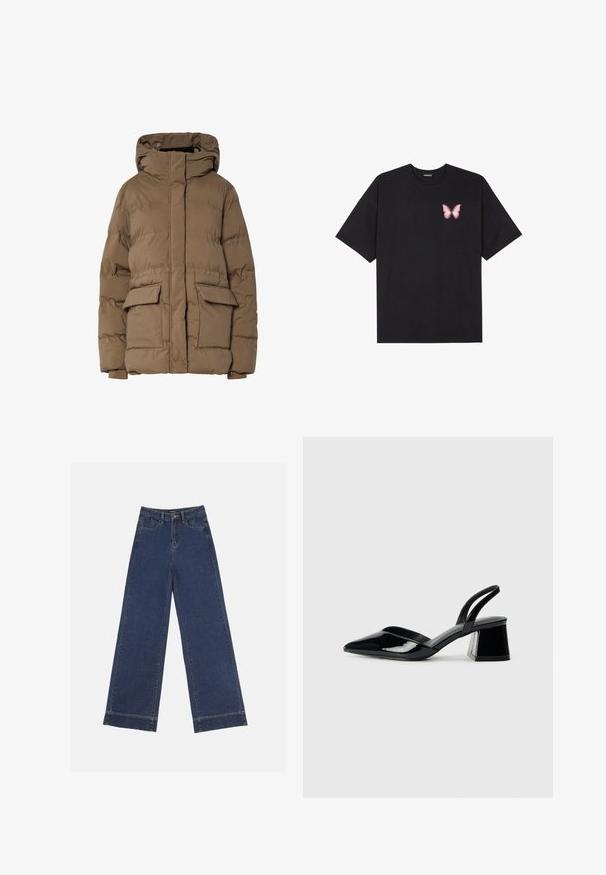 Pruun õhustatud jope kapuutsiga, tikandiga, kahe ees taskuga ja elastsete mansettidega. Valmistatud isoleeritud kangast, sileda tekstuuriga.; Must muströöpidega must puuvillane T-särk, vasakul rinnal on väike roosa liblikas. Ümar kaelus ja vabalt istuv lõige.; Laiad püksid tumedast sinisest denimist. Omab viit taskut, vöölõke ja toore äärega allosas, kus on nähtavad õmblused.; Mustad musta lakknahk kingad, millel on terav varvas ja geomeetriline plokkkonts. Omab elegantselt minimalistlikku disaini ja sujuvat tekstuuri.