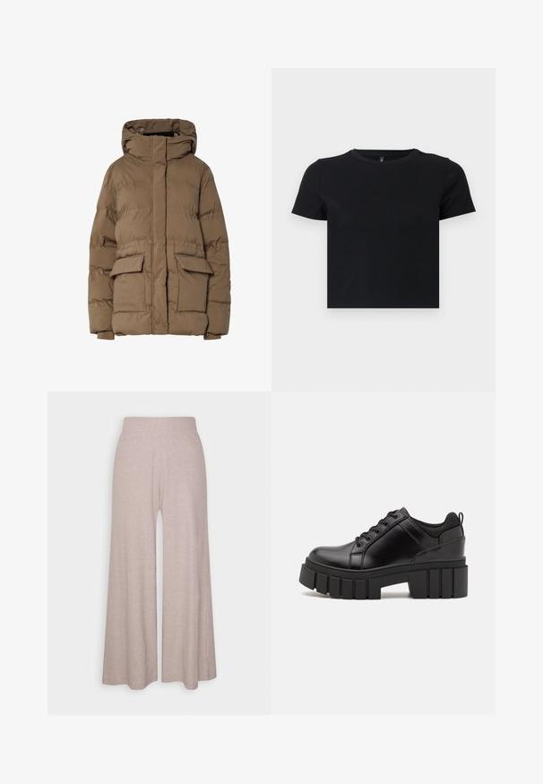 Pruun õhustatud jope kapuutsiga, tikandiga, kahe ees taskuga ja elastsete mansettidega. Valmistatud isoleeritud kangast, sileda tekstuuriga.; Must musta särk lühikeste varrukatega, valmistatud pehmest puuvillast. Omab ümarat kaelust ja kergelt liibuvat disaini. Sile tekstuur ilma mustrite või aksessuaarideta.; Heledad hallharged püksid, mis on valmistatud pehmest, soonilisest kangast, kõrge vöökoht ja täispikkade jalgadega, millel on õrn tekstuur.; Must musta platvormsussid paksu plokkninal, ümmarguse varbaga ja traditsioonilise nööridega kinnitamisega. Sussid on sileda tekstuuriga ja minimaalsete detailidega.