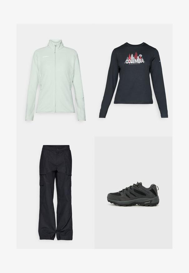 Jaqueta de fleece em tom menta claro, com gola alta, fecho frontal com zíper e bolsos laterais. Apresenta um logótipo minimalista no peito e uma textura suave.; Camisa de mangas longas cinza escuro com um gráfico de árvores vermelhas e montanhas; logótipo "COLUMBIA" em texto branco em negrito. Tecido suave, cuello redondo padrão.; Columbia BREA FALLS™ COTTON RIPSTOP PANT - Calças para exterior - black; Columbia REDMOND - Sapatos de caminhada - black/citron haze