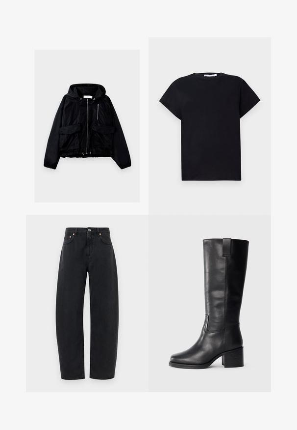 Juodas gobtuvas švarkas, pagamintas iš lygaus nailono. Yra priekinis užtrauktukas, dvi didelės priekinės kišenės ir elastingi rankogaliai su suveriamu hemu.; Iro TABITHA - Paprasti marškinėliai - black; Juodos džinsinės kelnės su tiesiais šonais, penkiais kišenėmis ir variniu akcentu. Audinys turi lygų paviršių ir klasikinį siuvimą.; Juodos odinės iki kelių siekiančios botai su lygiu paviršiumi, kvadratiniu pirštu, storu kulnu ir šoniniu kilputė, su minimaliais siuvimo akcentais.