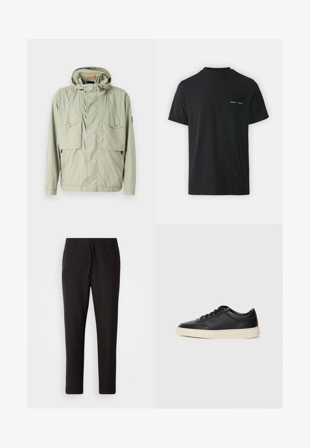 Lys grøn letvægtsjakke med hætte, to brystlommer og sidezipper. Har en glat tekstur og justerbare snore.; Sort bomulds t-shirt med klassisk rund hals, korte ærmer og to små hvide "SAMSØE" logoer på venstre bryst.; Sorte joggebukser lavet af glat stof. Har en elastisk talje med snor, tætsiddende ben og ingen synlige lommer. Enkel design.; Sort lavt top lædersneaker med sorte snørebånd og off-white sål vist i sideprofil på hvid baggrund.