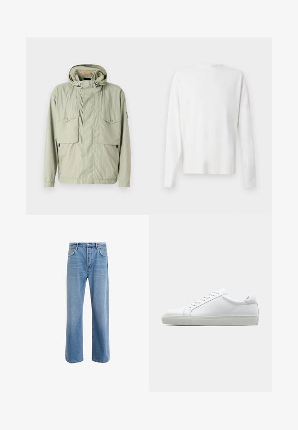Lys grønn lett jakke med hette, to brystlommer og glidelåser på sidene. Har en jevn tekstur og justerbare snorer.; Langermet hvit bomullsskjorte med rund hals, sidespalter nederst og en jevn tekstur, vist fra baksiden.; Lys blå denimjeans med rett ben-design, fem lommer, knappeåpning, minimal falming og kontrasterende sømdetaljer.; Hvit sneakers med en glatt skinnoverdel og lav profil. Har en rund tå, seks snøring hull, og en teksturert gummisåle.