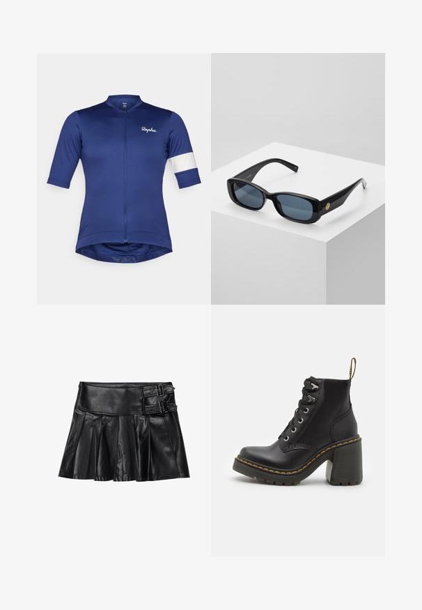 Maillot de cyclisme à manches courtes en tissu bleu foncé, doté d'une fermeture éclair à l'avant et d'une rayure blanche sur la manche ; conception légère et ajustée.; Chemise blanche à manches longues, dotée d'un col structuré et d'un ourlet arrondi. Fabriquée à partir d'un tissu lisse et uni, sans motifs ni accents visibles.; Jupe en cuir noir avec des plis, taille large et deux accents à boucle sur le côté. Texture lisse avec une finition brillante.; Bottine en cuir noir avec un talon haut chunky, un laçage à l'avant, des œillets en métal et une couture jaune le long de la semelle. Semelle en caoutchouc texturé.; Lunettes de soleil noires rectangulaires avec verres teintés bleu, monture épaisse et un accent circulaire doré sur le côté. Finition lisse et brillante.