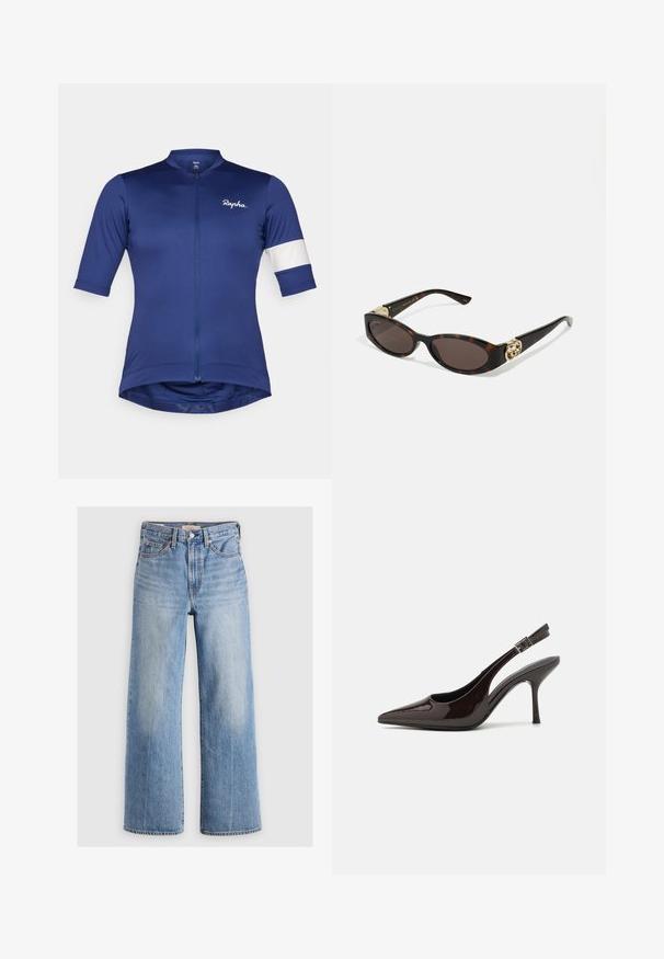 Jersey de ciclism cu mânecă scurtă din țesătură albastră închisă, având un fermoar frontal și o dungi albă pe mânecă; design ușor și adaptat formelor.; Hofmann Copenhagen EXCLUSIVE GENEVIVE - Top - off white; Blugi largi din denim de un albastru deschis, cu talie înaltă, zone decolorate, cinci buzunare și cusături contrastante. Închidere clasică cu nasture și fermoar.; Pantof cu toc înalt Slingback din piele sintetică lucioasă de culoare maro închis, vârf ascuțit, laterale deschise și curea ajustabilă la glezne.; Ochelari de soare din țiglă cu lentile ovale alungite, nuanță maro, accente cu logo auriu pe brațele laterale și brațe negre elegante.