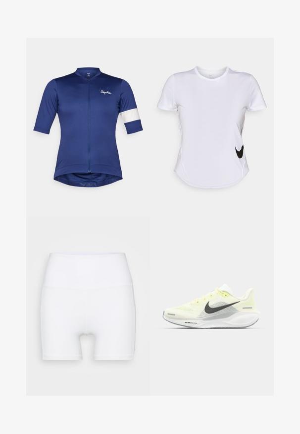 Maillot de cyclisme à manches courtes en tissu bleu foncé, doté d'une fermeture éclair à l'avant et d'une rayure blanche sur la manche ; conception légère et ajustée.; T-shirt de sport blanc à manches courtes en tissu lisse, avec un logo Nike noir sur le côté gauche et un ourlet courbé en bas.; Shorts blancs taille haute en tissu extensible. Fabriqués avec une texture lisse et un design ajusté, sans motifs ni accessoires supplémentaires.; Baskets de course Nike avec une tige en mesh jaune clair et blanche, des accents gris et une semelle en caoutchouc flexible. Présentent un système de laçage.