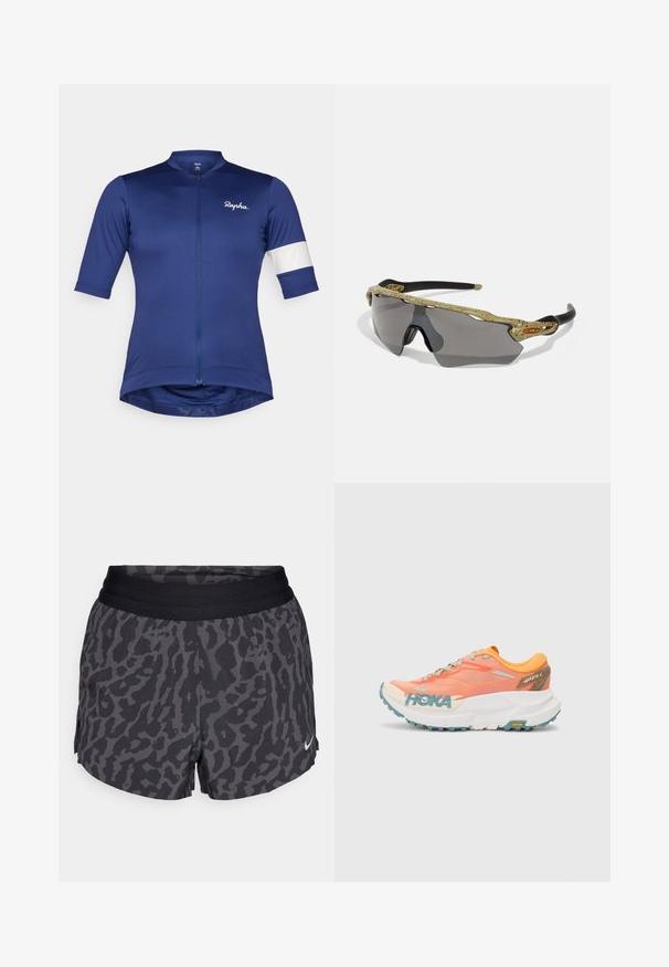 Short-sleeve cycling jersey in deep blue fabric, featuring a front zipper and white stripe on the sleeve; lightweight and form-fitting design.; Two sleeveless crop tops: one soft beige with a textured surface and one smooth white. Both feature a round neckline and stitched hems.; Black and gray leopard print shorts with a wide elastic waistband, featuring a subtle sheen and a small white Nike logo on the lower right.; Orange and pink running shoe with mesh upper, white midsole, Vibram outsole, and light blue accents. Features HOKA branding on the side.; Sport sunglasses with a green patterned frame, black arms, and gray lenses. The design features a wraparound style with a bold, sporty shape.