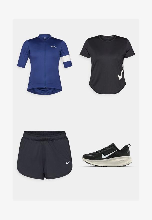 Korte ærmer cykeltrøje i dyb blå stof, med en frontlynlås og hvid stribe på ærmet; letvægts og tætsiddende design.; Sort atletisk t-shirt med korte ærmer, med et hvidt Nike swoosh-logo på den nederste side og en rundet kant.; Sorte atletiske shorts lavet af letvægts, åndbart stof. Har en elastisk talje og hvidt Nike-logo på nederste højre side.; Sort Nike løbesko med åndbart mesh-overdel, hvidt swoosh-logo, tekstureret detaljering og en cremede ZoomX mellemsål.